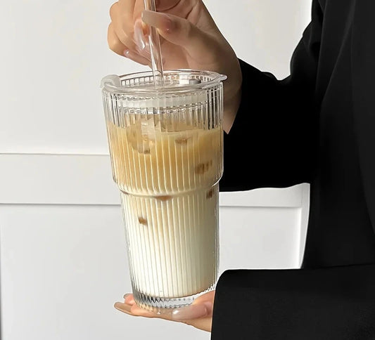 Glass Cup With Lid and Straw 